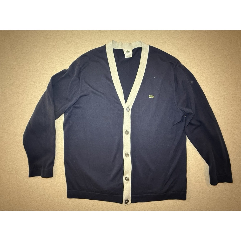 Lacoste Men's Cardigan Blue Button Up With Logo Striped Trim Size 6